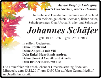 Traueranzeige von Johannes Schäfer von Mitteldeutsche Zeitung Quedlinburg