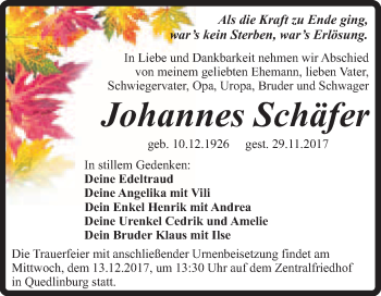 Traueranzeige von Johannes Schäfer von Super Sonntag Quedlinburg