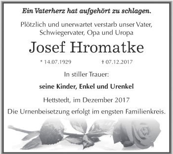 Traueranzeige von Josef Hromatke von Wochenspiegel Mansfelder Land