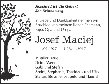 Traueranzeige von Josef Maciej von WVG - Wochenspiegel Dessau / Köthen