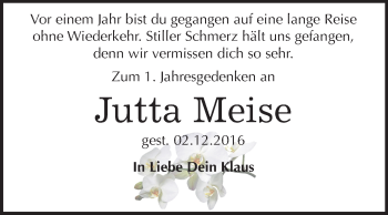 Traueranzeige von Jutta Meise von Mitteldeutsche Zeitung Weißenfels