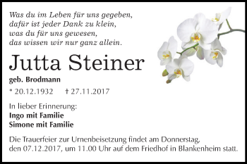 Traueranzeige von Jutta Steiner von Super Sonntag SGH Mansf. Land