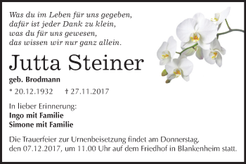Traueranzeige von Jutta Steiner von Mitteldeutsche Zeitung