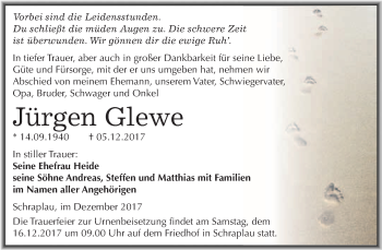 Traueranzeige von Jürgen Glewe von WVG - Wochenspiegel Merseburg