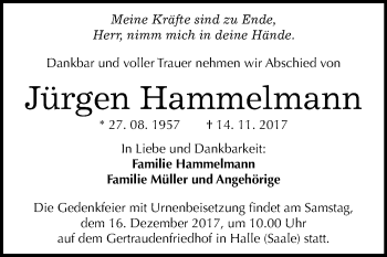 Traueranzeige von Jürgen Hammelmann von Mitteldeutsche Zeitung Halle/Saalkreis