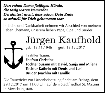 Traueranzeige von Jürgen Kaufhold von WVG - Wochenspiegel Merseburg