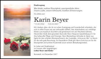 Traueranzeige von Karin Beyer von WVG - Wochenspiegel Quedlinburg