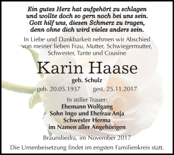 Traueranzeige von Karin Haase von Mitteldeutsche Zeitung Merseburg/Querfurt