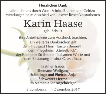Traueranzeige von Karin Haase von WVG - Wochenspiegel Merseburg