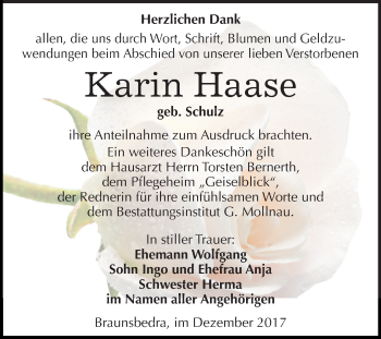 Traueranzeige von Karin Haase von Mitteldeutsche Zeitung Merseburg/Querfurt