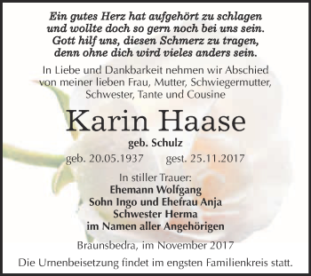 Traueranzeige von Karin Haase von WVG - Wochenspiegel Merseburg