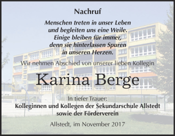 Traueranzeige von Karina Berge von WVG - Wochenspiegel SGH