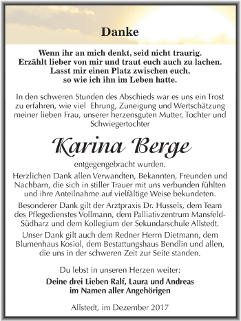 Traueranzeige von Karina Berge von Mitteldeutsche Zeitung Sangerhausen