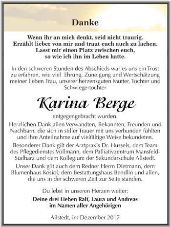 Traueranzeige von Karina Berge von WVG - Wochenspiegel SGH