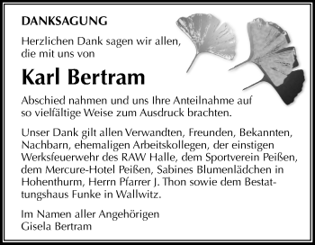 Traueranzeige von Karl Bertram von Mitteldeutsche Zeitung Halle/Saalkreis