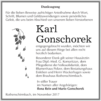 Traueranzeige von Karl Gonschorek von Wochenspiegel Mansfelder Land