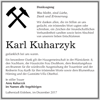 Traueranzeige von Karl Kuharzyk von Wochenspiegel Mansfelder Land