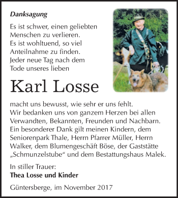 Traueranzeige von Karl Losse von WVG - Wochenspiegel Quedlinburg