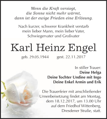 Traueranzeige von Karl Heinz Engel von WVG - Wochenspiegel Wittenberg