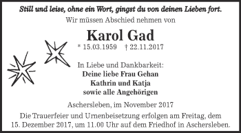 Traueranzeige von Karol Gad von Super Sonntag Aschersleben