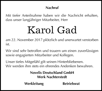 Traueranzeige von Karol Gad von Mitteldeutsche Zeitung