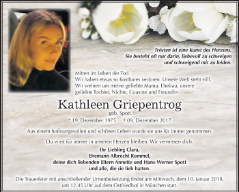 Traueranzeige von Kathleen Griepentrog von Mitteldeutsche Zeitung Bernburg