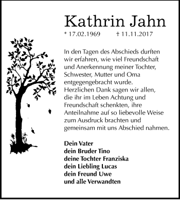 Traueranzeige von Kathrin Jahn von WVG - Wochenspiegel Wittenberg