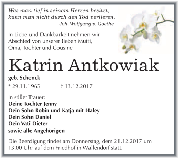 Traueranzeige von Katrin Antkowiak von WVG - Wochenspiegel Merseburg