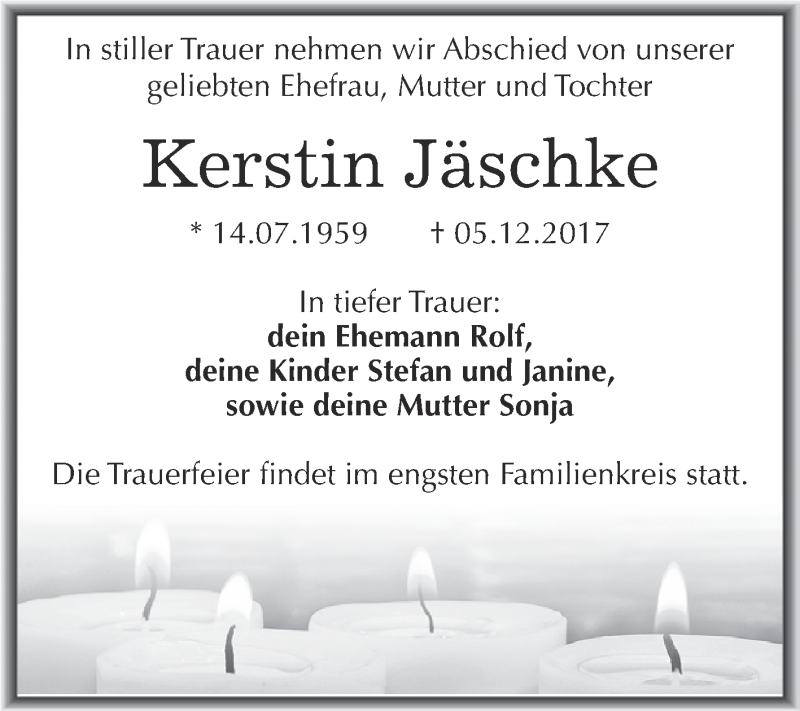  Traueranzeige für Kerstin Jäschke vom 20.12.2017 aus Wochenspiegel Mansfelder Land