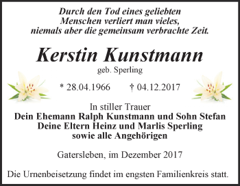 Traueranzeige von Kerstin Kunstmann von Super Sonntag Aschersleben