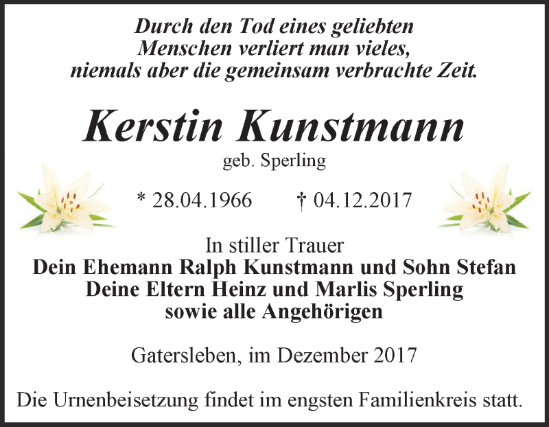  Traueranzeige für Kerstin Kunstmann vom 16.12.2017 aus Super Sonntag Aschersleben