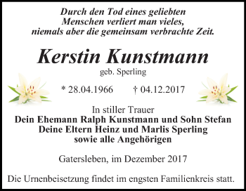 Traueranzeige von Kerstin Kunstmann von Mitteldeutsche Zeitung Aschersleben