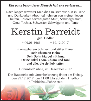 Traueranzeige von Kerstin Parreidt von Mitteldeutsche Zeitung Köthen