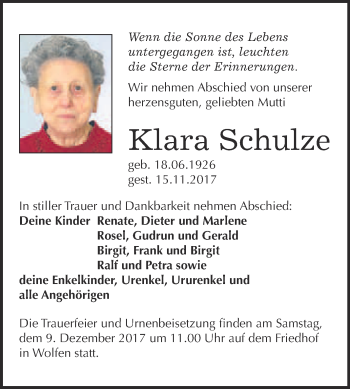 Traueranzeige von Klara Schulze von WVG - Wochenspiegel Bitterfeld