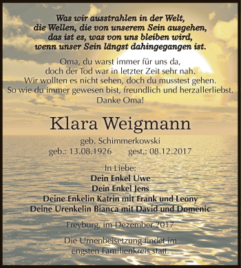 Traueranzeige von Klara Weigmann von WVG - Wochenspiegel NMB / WSF / ZTZ