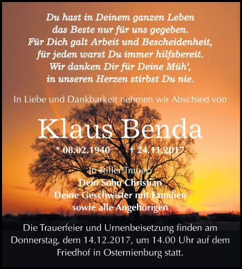 Traueranzeige von Klaus Benda von Mitteldeutsche Zeitung Köthen