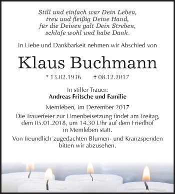 Traueranzeige von Klaus Buchmann von Mitteldeutsche Zeitung