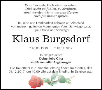 Traueranzeige von Klaus Burgsdorf von Wochenspiegel Mansfelder Land