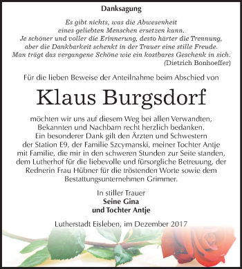 Traueranzeige von Klaus Burgsdorf von Mitteldeutsche Zeitung