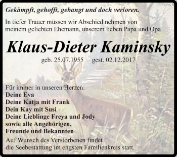 Traueranzeige von Klaus-Dieter Kaminsky von Super Sonntag Quedlinburg