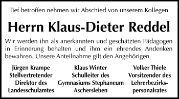 Traueranzeige von Klaus-Dieter Reddel von Mitteldeutsche Zeitung Aschersleben