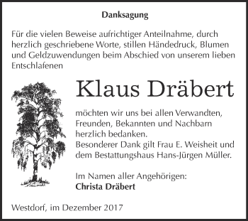 Traueranzeige von Klaus Dräbert von Super Sonntag Aschersleben