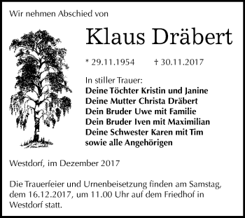 Traueranzeige von Klaus Dräbert von Mitteldeutsche Zeitung Aschersleben