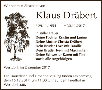 Traueranzeige von Klaus Dräbert von Super Sonntag Aschersleben