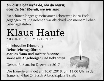 Traueranzeige von Klaus Haufe von Mitteldeutsche Zeitung Dessau-Roßlau