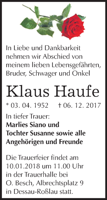 Traueranzeige von Klaus Haufe von Mitteldeutsche Zeitung Bitterfeld