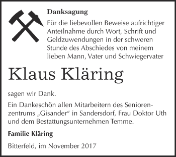Traueranzeige von Klaus Kläring von WVG - Wochenspiegel Bitterfeld