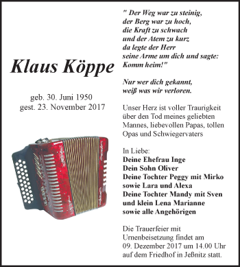 Traueranzeige von Klaus Köppe von WVG - Wochenspiegel Bitterfeld
