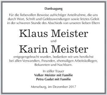 Traueranzeige von Klaus und Karin Meister von WVG - Wochenspiegel Merseburg