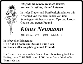 Traueranzeige von Klaus Neumann von Super Sonntag Quedlinburg